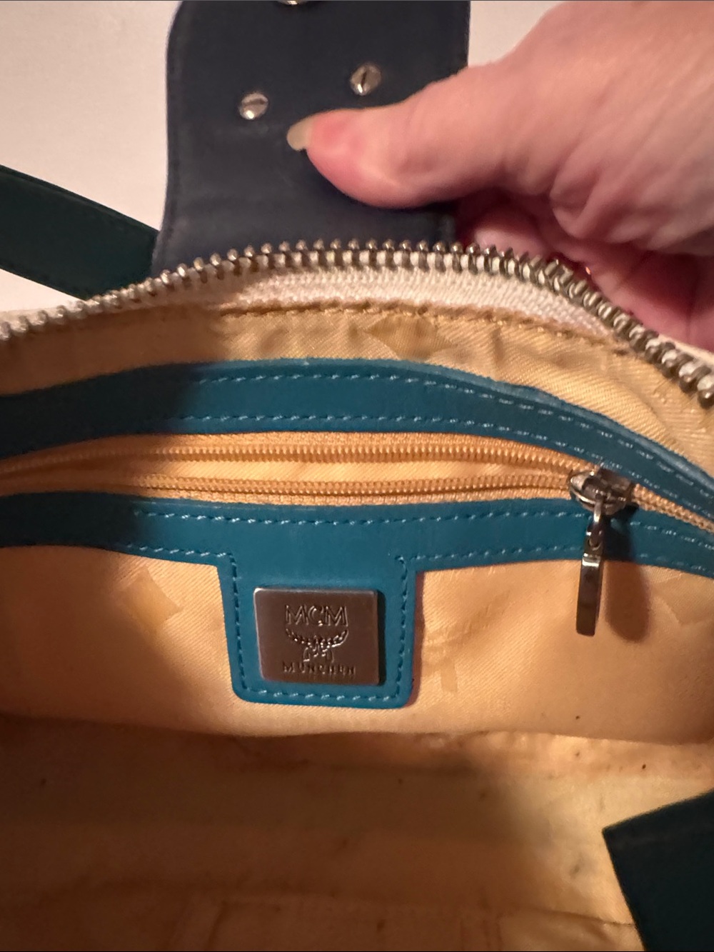 MCM White Logo Shoulder Bag with Teal, Yellow & Black Accents - Picture 11 of 12
